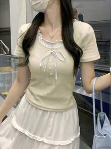 新款修身對比色 2 合 1 甜美短袖 T-shirt 上衣 休閒夏季款 - 杏色 - 查看 2