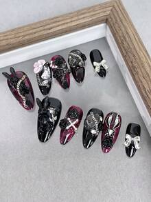 杏仁形黑色辣妹风手工美甲贴，适合日常、派对、聚会和舞会等场合。美甲用品 - 彩色 - 查看 3