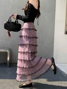 2022 Women's Spring High Waist Layered Lace Trim Mesh Patchwork A-Line Skirt - Mauve Purple - View 6