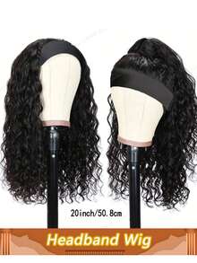 Headband Wig Human Hair Full Machine Made Curly Headband Wig Wet And Wavy Human Hair Wigs With Non Lace Front Wigs No Glue No Sew In Beginner Friendly 180% Density - Natural Black - View 1