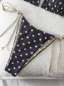 波点印花露背吊带比基尼套装，性感欧美风度假海滩夏季装扮 - 香檳色 - 查看 6