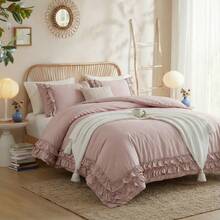 Pink Cotton Ruffled Comforter Set Queen, Vintage Shabby Chic Farmhouse Bedding Set Coquette Aesthetic French Country Comforter - Red Bean Paste Powder - View 4