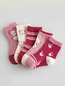 5 Pairs Girls' Cartoon Cute Mid-Calf Socks, Pink Bear Pattern Mid-Calf Socks For Girls, Suitable For School Season - Multicolor - View 6