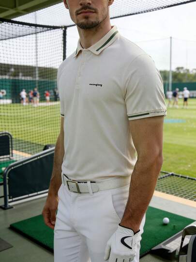 Men's Casual Polo Shirt, Short Sleeves, Stand-Up Collar With Green Trim. Comfortable To Wear, Versatile And Practical, Suitable For Business Settings, Sports, Gatherings, Parties, And Spring/Summer Seasons.