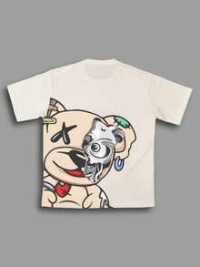 男士休闲印花T恤，卡通机械拼接熊图案，宽松米色T恤，常规版型，适合日常休闲穿着 - 杏色 - 查看 5