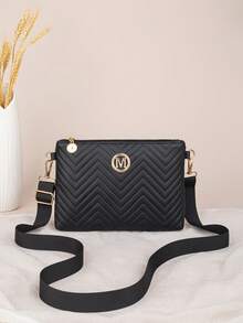 1件装女士时尚黑色绗缝斜挎包，配有可调节金色M字Logo肩带，休闲日常单肩包，轻便拉链手拿包 - 黑色 - 查看 1