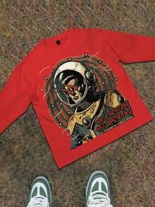 Y2k Astronaut Art Punk Long Sleeve Shirts ,Sky Double-Sided Printing,Christmas Style Graphic T Shirt Cotton,Fashionable Hip-Hop For Men -  Long Sleeve T-Shirts, Funny Vintage Shirts,Regular Fit, Street Style, Digital Print,  Ideal Gift - 紅色 - 查看 2