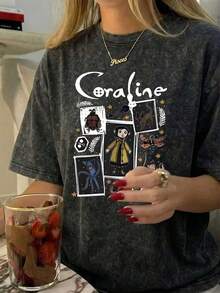 Damen Große Größen Sommer Cartoon Muster Lässig Einfach Alltäglich Locker Washed Baumwolle Kurzarm Rundhals T-Shirt - Schwarz - Übersicht 7