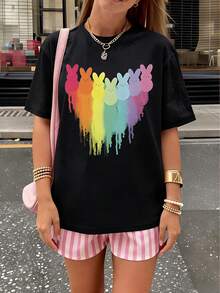 LOVE JOYY 女士复活节彩虹兔印花黑色短袖T恤，宽松舒适，时尚休闲，春夏假日派对圆领上衣 - 黑色 - 查看 5
