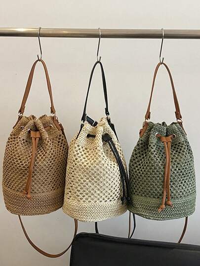 Bolso de cubo de paja con bloques de color a la moda, nueva bolsa de mano tejida de paja, bolso de mujer con estilo, bolso multifuncional de hombro y cruzado, regalo de verano para chicas, damas, estudiantes, esencial de verano, perfecto para vacaciones y días festivos, esencial de playa, suministros de playa y necesidad de verano, último bolso de vacaciones