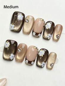 10片装可爱手工按压式美甲，日式柔美风格樱花图案闪粉假指甲，镶嵌水钻，女士适用 - 彩色 - 查看 10