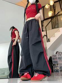 Women's Black Polyester Parachute Pants With Drawstring, Decorated With Red Stripes, Non-Stretch Fabric Spring - Black - View 7