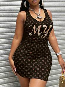 Women's Brown Letter Print Bodycon Mini Dress, Daisy Pattern Sexy Hip Hop Party Club Summer Street Queen Style - Multicolor - View 4