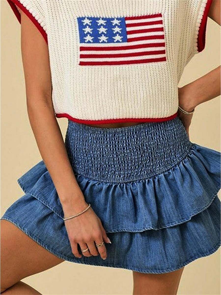 Women's Tiered Ruffled Denim Skirt Solid Color High Rise Mini A Line Jean Skirt Streetwear - Blue - View 1