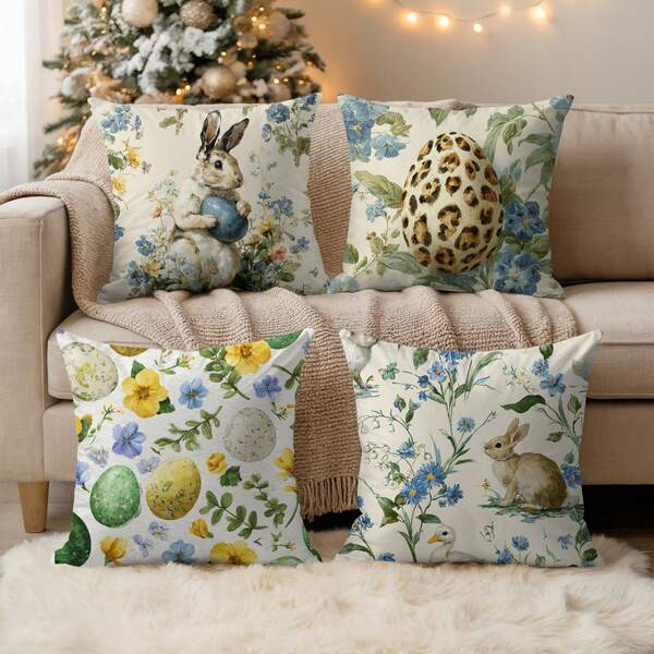 4件套复活节蜜桃色天鹅绒印花枕套，18英寸 x 18英寸 - 可爱兔子、豹纹、复活节彩蛋装饰抱枕套，适用于客厅、卧室、沙发、床、户外，不含枕芯