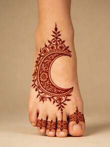 2pcs Maroon Temorary Tattoo Stickers - Sexy Moon & Floral Patterns For Foot & Hand, DIY Mehndi Design, Fake Tattoos, For Women Body Parties Makeup - Brown - View 5