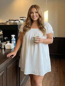 Women's Plus Size Dress Casual Stylish Solid Color Bows Square Neck Short Sleeve Mini Dress - trắng - Xem 10