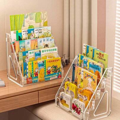 三层/五层桌面书架和储物架，适用于图画书和杂志，阶梯式亚克力展示架，床头阅读书架，适合放置书籍和杂志，亚克力阶梯式储物架，方便夜间阅读和书籍展示。