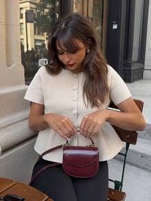 美丽之选 夏季女士优雅杏色短袖针织上衣，荷叶边下摆和手工纽扣，日常通勤修身开衫，优雅时尚休闲针织衫，女士夏季穿搭，派对上衣，假日装扮 - 杏色 - 查看 3