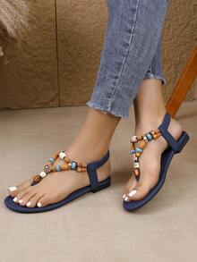 Beaded Thong Casual Vacation Bohemian Style Flat Sandals - Blue - View 12