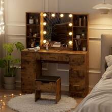 Farmhouse - Juego de Cambiador con Espejo Iluminado, Cambiador de Maquillaje Moderno de 56 Pulgadas con estación de Carga y estantes de Almacenamiento, Cambiador de recámara para Mujeres y - Marrón - Ver 7