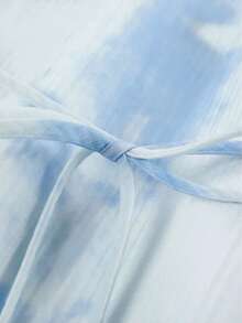 女士休闲圆领通勤雪纺褶皱扎染印花宽松腰A字连衣裙，夏季 - 藍白色 - 查看 9