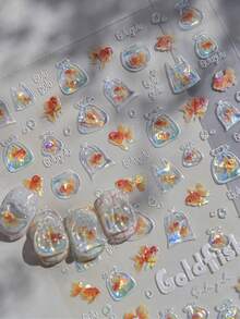 1个果冻可爱小金鱼，袋装金鱼逼真5D美甲贴纸，自粘式按压美甲贴，适合女性，水族美甲装饰，夏季日常派对趣味美甲用品 - 彩色 - 查看 2