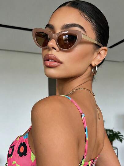 Women Retro Cat Eye Brown Fashion Glasses, Metal Temples Classic Shades, Summer Holiday Essential Vintage Glasses For Beach Travel Daily Summer Wear