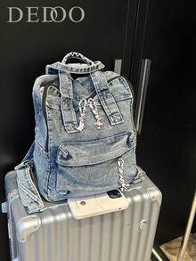 Co., , Fall/Winter Fashion, Vintage Texture, Large-Capacity Denim Backpack, Western Purse For Women - Blue and White - View 1