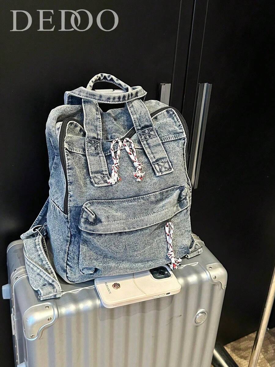 Co., , Fall/Winter Fashion, Vintage Texture, Large-Capacity Denim Backpack, Western Purse For Women - Blue and White - View 1