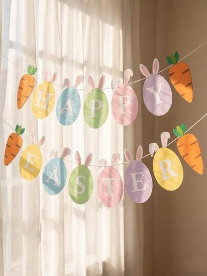 1pc Pastel Happy Easter Banner Bunting, Cute Rabbit Egg & Carrot Design Hanging Garland, Spring Holiday Party Wall Mantel Home Decor Prop