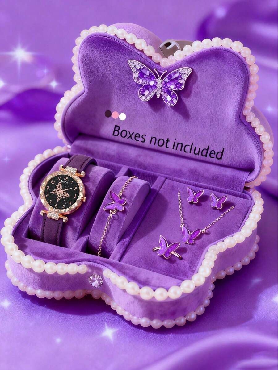 6/1 Set, Niña elegante, Moda sofisticada, Esfera con diseño de mariposa, Reloj de cuarzo elegante, Adecuado para que las niñas lo usen. Se puede combinar con collares, pulseras, anillos y aretes con diseño de mariposa. Adecuado como regalo de cumpleaños/festival para niñas. También muy adecuado para uso diario, como regalos de Navidad, temporada de regreso a clases, fiestas, etc. Temporada de graduación, Día de San Valentín, Navidad - Excelentes regalos para niñas. - Multicolor - Ver 1