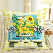 Spring And Summer Lemon Pillowcases 16x16inchs/18x18inchs/20x20inchs, 4-Piece Set, Hello Sunshine Farmhouse Truck Yellow Plaid Cushion Covers, Home Sofa Pillow Covers - Yellow - View 7