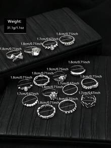 15pcs Faux Gem Rings Set, Faux Pearl Flower Geometric Rhinestone Bow Knot Rings For Women - Silver - View 5