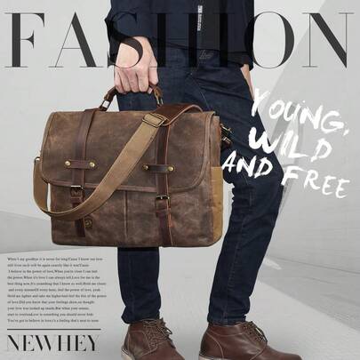 NEWHEY 15.6 Inch Men's Messenger Bag, Waterproof Vintage Genuine Leather & Waxed Canvas Briefcase, Large Leather Laptop Shoulder Bag, Durable, Work Bag
