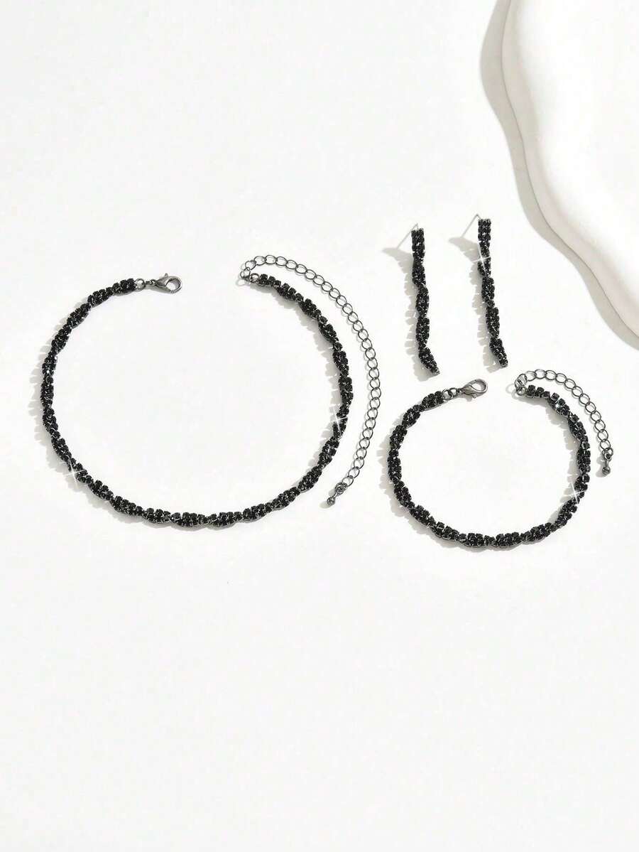 1 Set V-Shaped Rhinestone Jewelry Set: 1 Necklace, 1 Pair Earrings, 1 Bracelet, Fashionable For Evening Party - Black - View 1