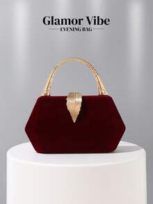 Glamor Vibe Elegant Velvet Evening Clutch Bag, Decorated With Gold Feathers, Suitable For Party Dresses, Vintage Style Velvet Handbag, Formal Occasion Evening Bag, Suitable For Ball, Wedding, Party, Cocktail Party, Birthday Party, As Birthday Gift, Bridal Clutch - Burgundy - View 2