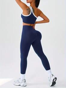 Women's New Hot  Workout Sets Yoga Outfit - One Shoulder Strappy Sports Bra & Seamless Plain Leggings, Tummy Control Thigh-Hugging Design, Soft Non-Pilling Fabric, Fall Winter Gym Running Fitness - Màu xanh hải quân - Xem 3