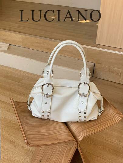1pc White Women's Handbag, Vintage Punk Rivet Street Style Tote Bag, Large Capacity Metal Ring Fashion High-End Motorcycle Shoulder Bag, Suitable For Commuting, Dating, Daily Matching, Suitable For Career Women, College Students, Fashion Enthusiasts