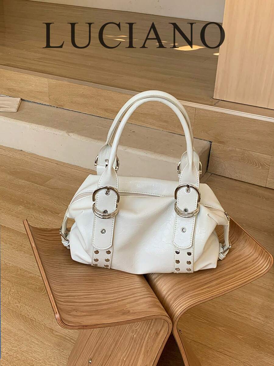 1pc White Women's Handbag, Vintage Punk Rivet Street Style Tote Bag, Large Capacity Metal Ring Fashion High-End Motorcycle Shoulder Bag, Suitable For Commuting, Dating, Daily Matching, Suitable For Career Women, College Students, Fashion Enthusiasts - White - View 1