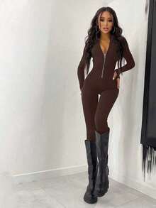 Casual Fashion Front Zipper Design Skinny Curve-Hugging Jumpsuit, New For Autumn/Winter