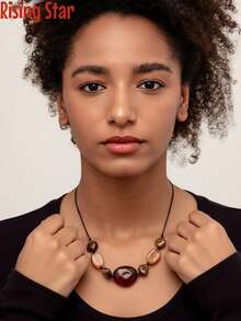 1 Collar de mujer con colgante de resina acrílica de estilo bohemio en color marrón, declaración gruesa y colorida de joyas de moda con cuentas, collares con cuentas para mujeres - Collar de cuentas marrones - Ver 1