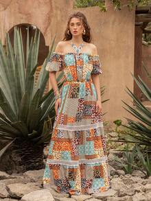 Faeriesty 优雅女士露肩拼接长款连衣裙：波西米亚风印花连衣裙，泡泡袖，荷叶边下摆，收腰设计，轻盈蕾丝饰边——完美适用于花园婚礼、新娘写真、私奔、浪漫之旅、波西米亚主题夏季活动 - 彩色 - 查看 5