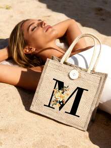 A-Z字母印花亚麻手提袋套装，个性化礼品，附赠小收纳袋，花卉图案，母亲节礼物，黄色亚麻手提袋配黑色肩带，大小号手提袋组合，送给女性、母亲、老师、朋友、伴娘的完美礼物，适合海滩、旅行等场合。 - 彩色 - 查看 5