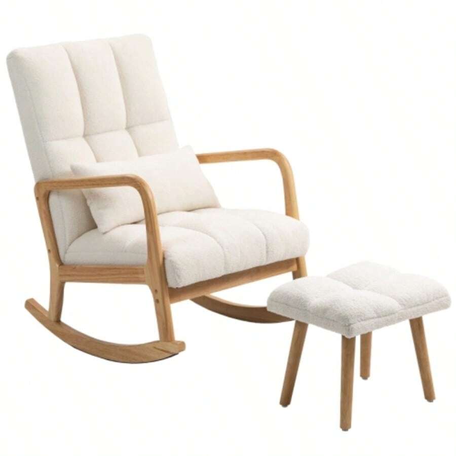 Rocking Chair With Footrest, Rocking Chair With Fleece Cover, Armrests, High Back, Wooden Glides, Upholstered Rocking Chair, Reclining Chair, Nursing Chair For Living Room, Bedroom, White - Apricot - View 1