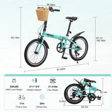 20 Inch Folding Bike For Adults With Basket Phone Holder And Fenders Steel Frame 6-Speed City Commuter Dual V-Brake Portable Compact Bicycle For Men And Women - Green + Steel + Garden & Outdoor1 - View 4