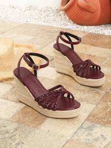 Women's Fashion Burgundy Wedge Thick Bottom Sandals, New Spring/Summer Round Toe Straw Bottom Open Back Sandals, Outdoor Comfortable Plus Size Women Shoes, Holiday Casual Resort Bohemian Buckle Woven High Heel Comfortable Beach Sandals - Burgundy - View 6