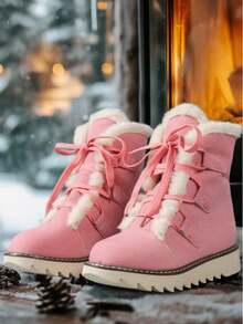 2026 New Mid-Calf Beige Women's Snow Boots, Round Toe Casual Lace-Up, Fleece Lined, Thick Fur, Warm, Versatile, Suede, Platform, Plus Size, Winter Short Boots, Lightweight, Non-Slip Valentine's Day Gift - 粉色 - 查看 4