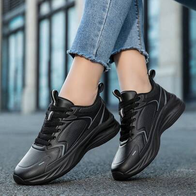 Women's Casual Sports Shoes, PU Leather Material, Lightweight Women's Running Shoes, Lace-Up, Suitable For All Seasons, Outdoor Casual Road Running Shoes