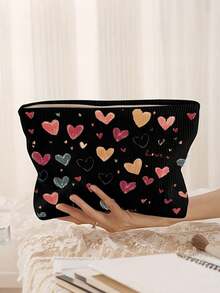 心形化妆包 - 心形印花图案，涤纶拉链袋，旅行洗漱包，轻便拉链袋，爱美人士的理想之选，送给姐妹、学生和成年人的完美礼物，随机印花化妆包化妆品收纳袋 - 彩色 - 查看 5